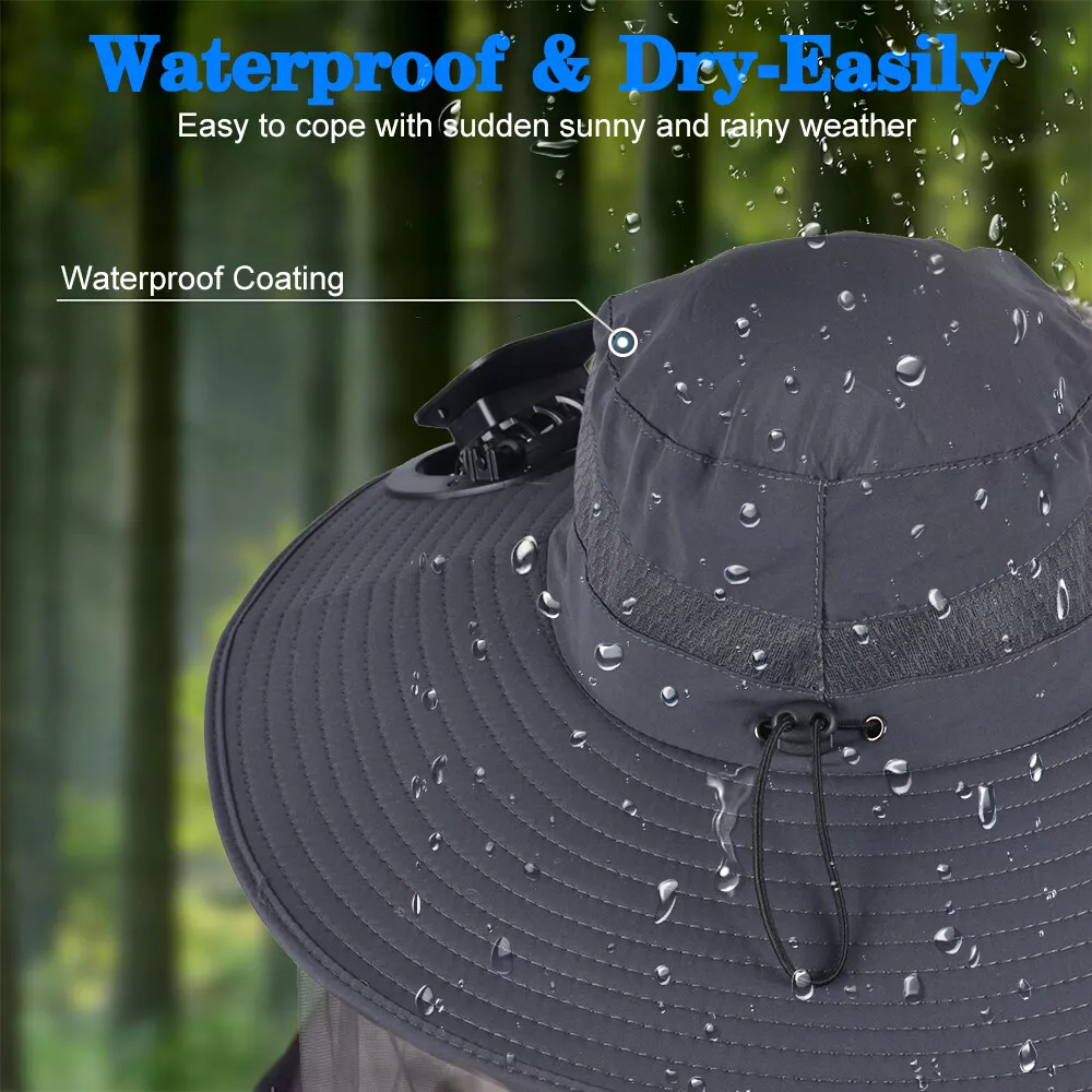 Wide Brim Solar Fan Outdoor Fishing Hat With 2 Solar Fan Mosquito Head Face Net