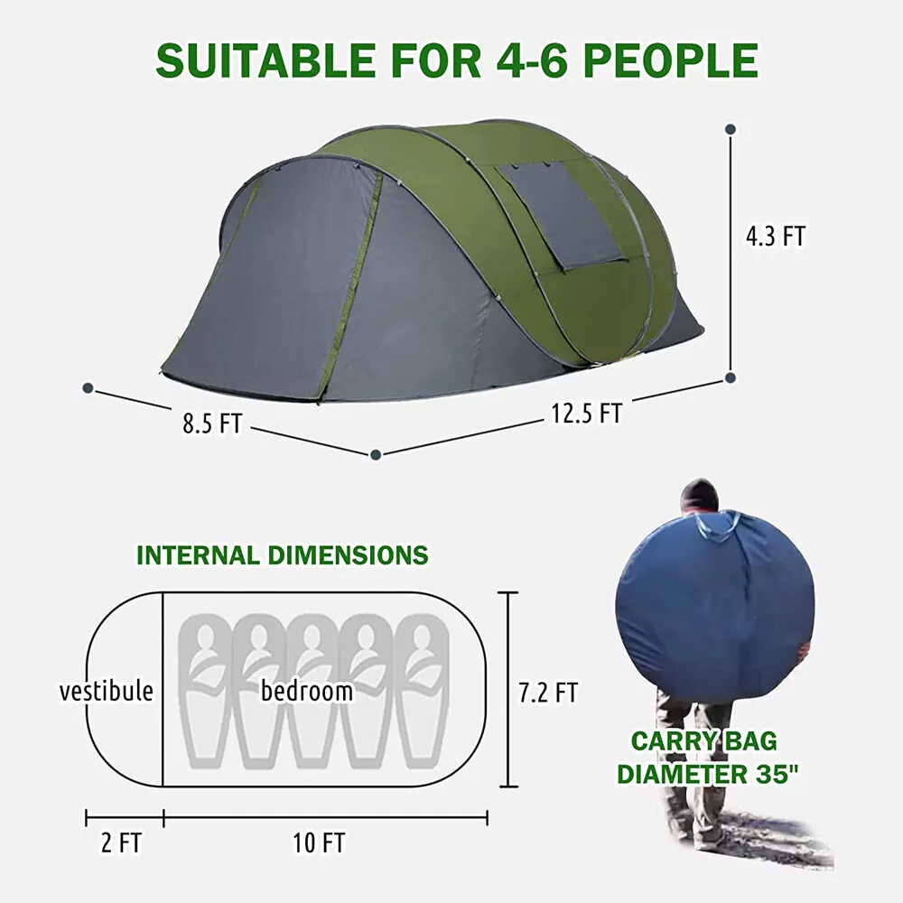 Instant Pop-Up Camping Tent with Vestibule, Front & Back Doors, Spacious for 4-6 People, Waterproof & Windproof, Ventilated for Comfortable Outdoor Adventures