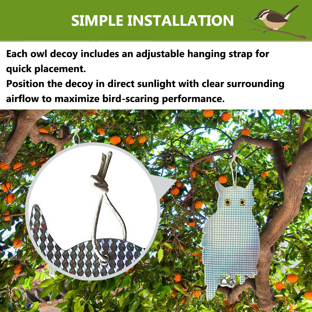 2 Pack Owl Decoy Scare, Hanging Reflective Fake Owl Woodpecker Bird Deterrent Control Device for Home & Garden
