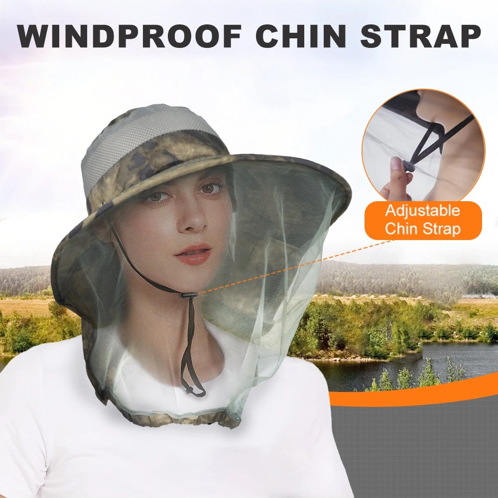 Wide Brim Mosquito Head Net Sun Hat with Neck Flap for Fishing Hiking Men Women