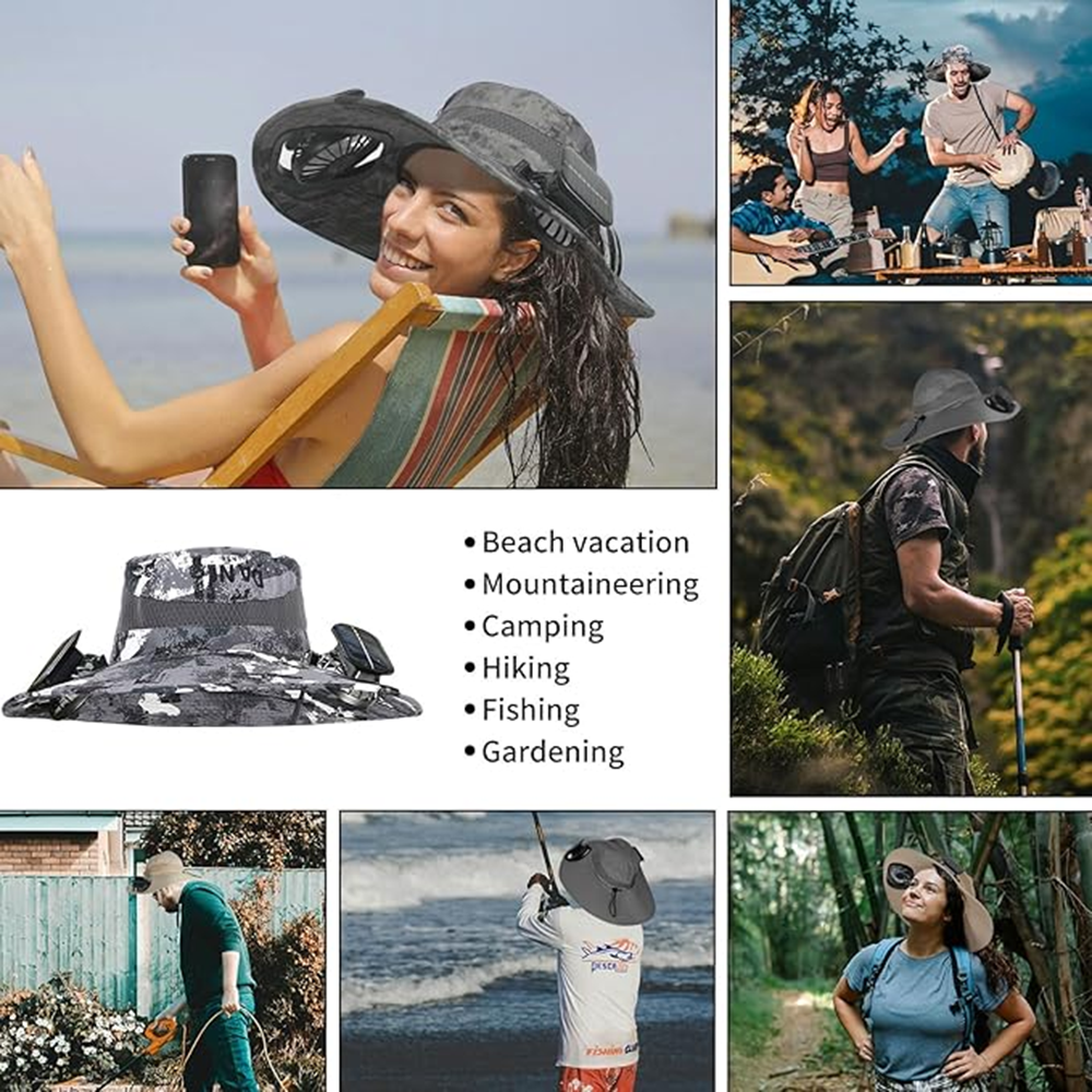 Outdoor Wide Brim Sun Hat with 2 Solar Fan UV Protection Hiking Camping Fishing