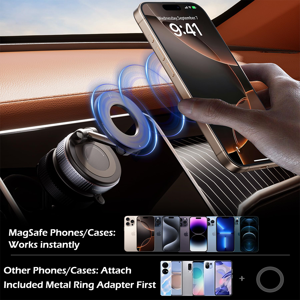 360° Adjustable Car Phone Holder, Magnetic Vacuum Suction Cup Mount, Foldable Stand for iPhone Android