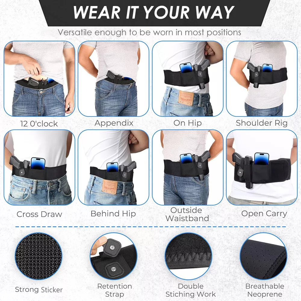 40" / 45" Belly Band Gun Holster, Outdoor Concealed Carry Pistol Holder, Fits All Pistols, Adjustable & Comfortable