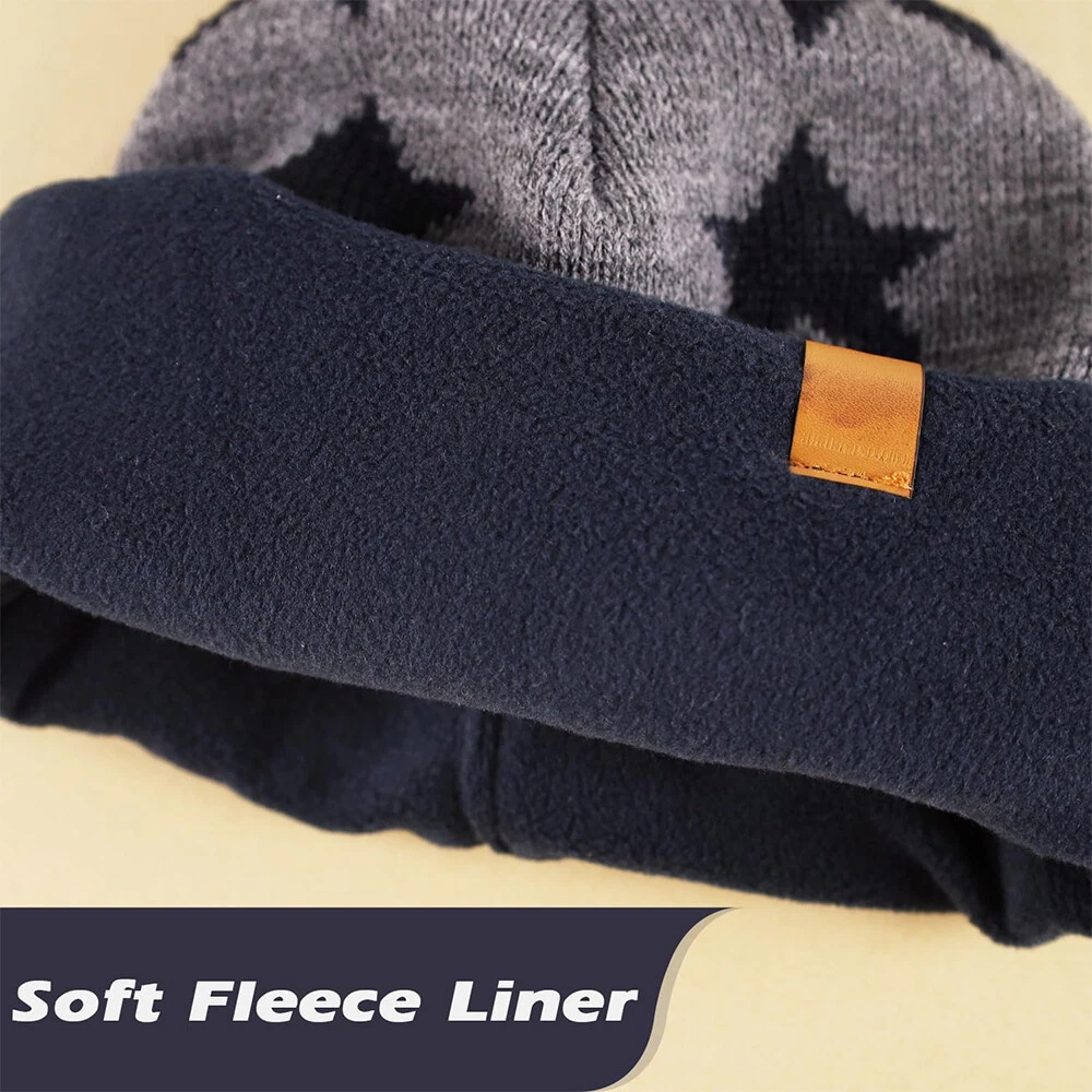 Kids Winter Knitted Hat Warm With Ear Flap Beanie Scarf Set Boys Girls Fleece