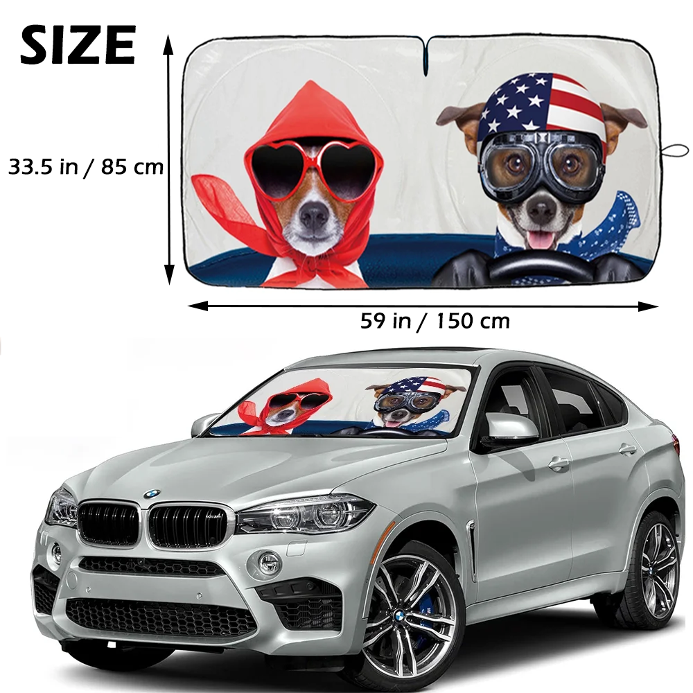 Foldable Car Sun Shade with Dog Printing, Windshield Sunshade, UV Ray & Heat Reduction