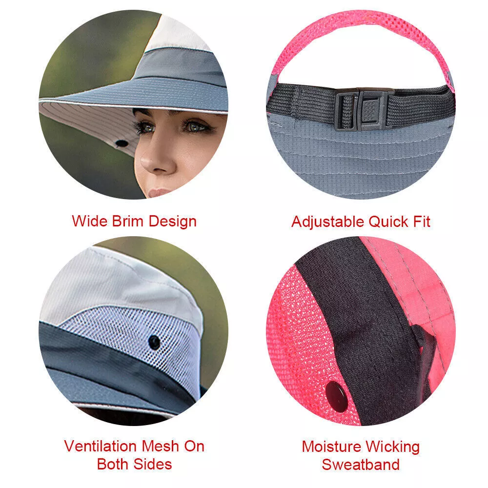 Women's Wide Brim Sun Hat with Ponytail Hole, Neck Flap UV Protection Bucket Cap