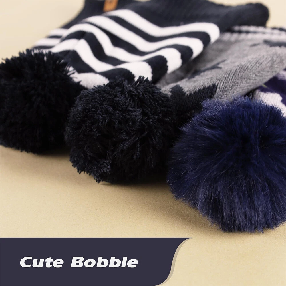 Kids Winter Knitted Hat Warm With Ear Flap Beanie Scarf Set Boys Girls Fleece