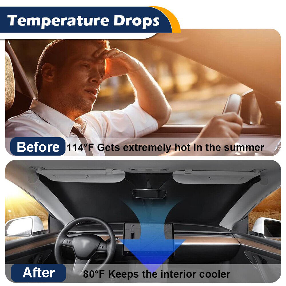 240T Foldable Car Sun Shade for Tesla Model Y / Model 3, UV Block, Heat Reduction, Cartoon Printing