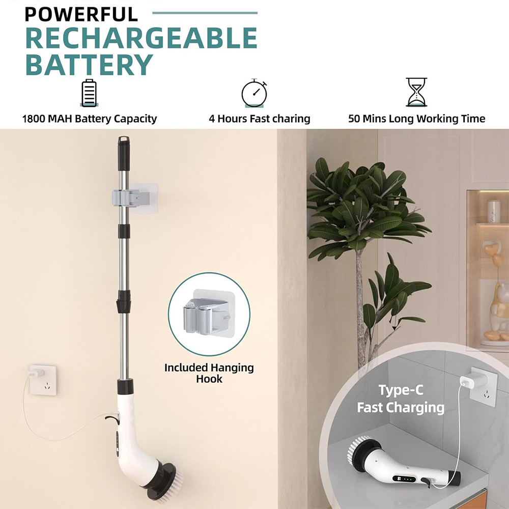 8-IN-1 Electric Spin Scrubber, Variable Speed Cordless Power Cleaning Brush, Rechargeable Cleaner, Adjustable Length, LED Indicator