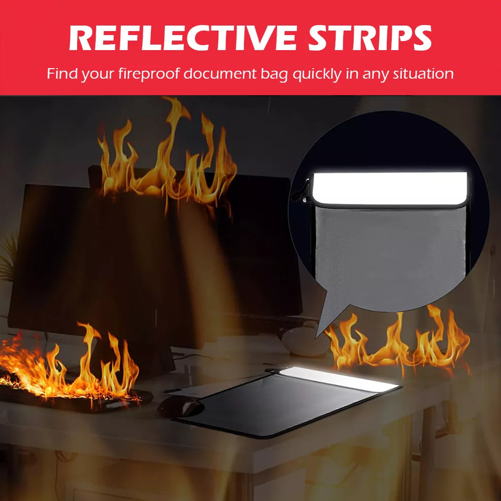 15" x 11" Fireproof Document Bag (2000℉) with Two Pockets, Zipper & High-Visibility Reflective Strip