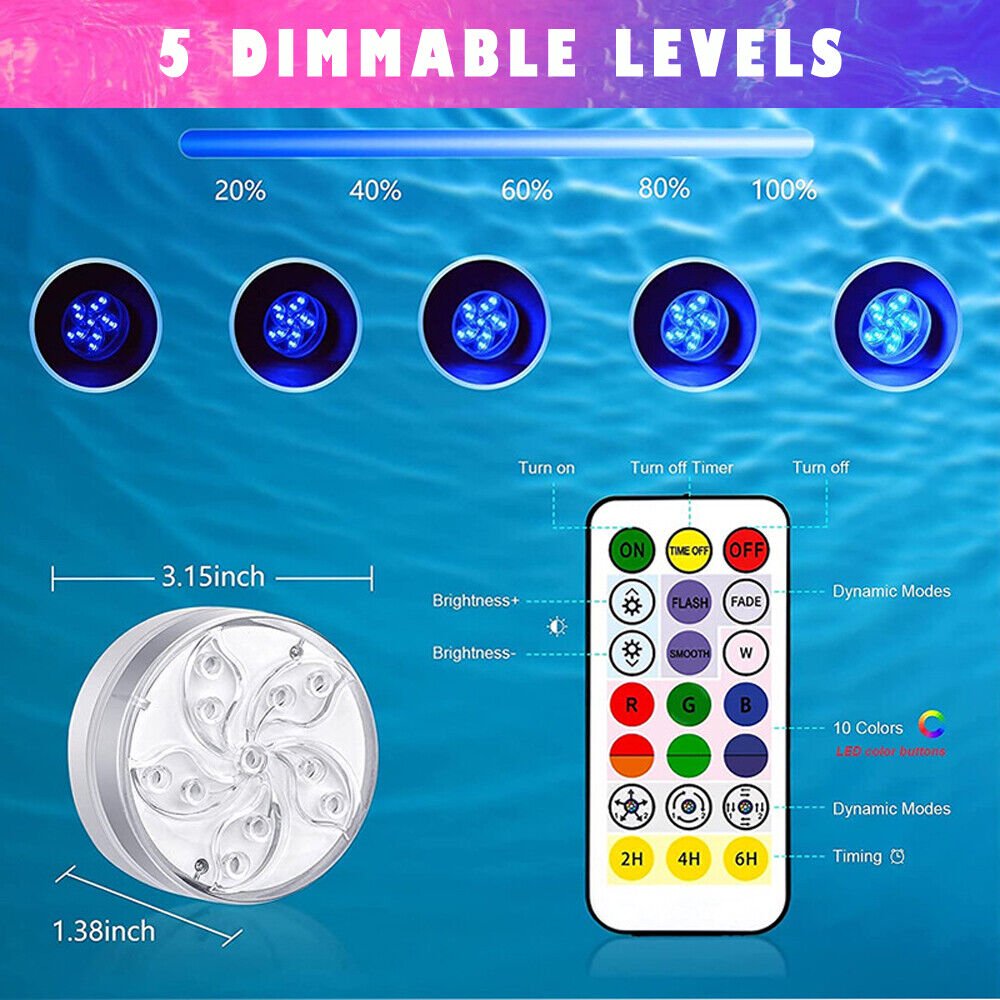Set of 2 Pool Lights, IP68 Waterproof Magnetic Underwater Floating Lights with Remote Control, 16 Color Changing Swimming Pool Lights, Battery Operated