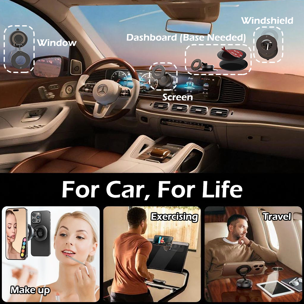 360° Adjustable Car Phone Holder, Magnetic Vacuum Suction Cup Mount, Foldable Stand for iPhone Android