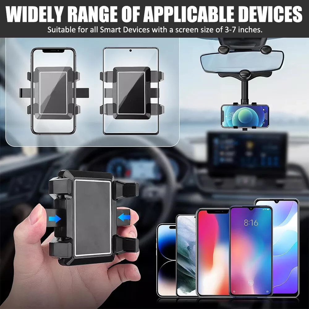 Car Rearview Mirror Phone Holder, 360° Rotating Rear View Mount for 3-7” Cellphones