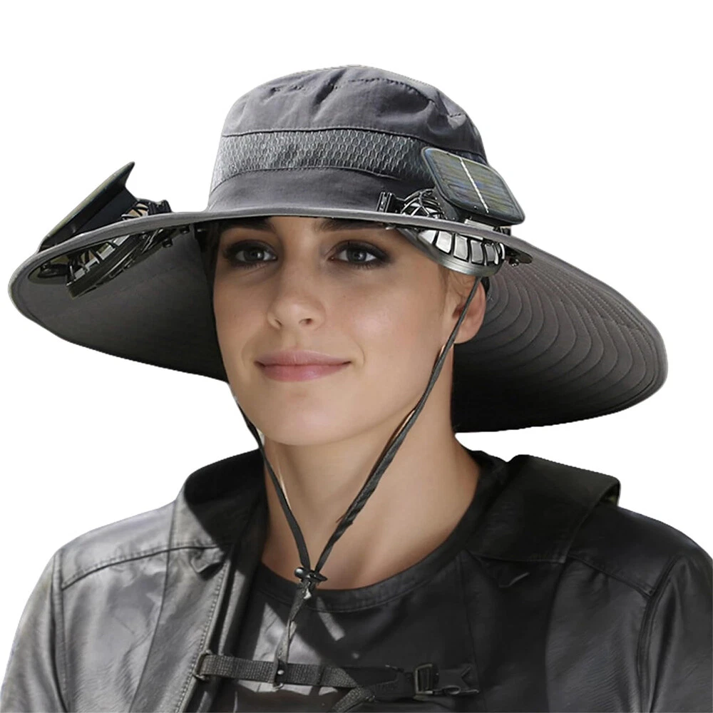 Outdoor Wide Brim Sun Hat with 2 Solar Fan UV Protection Hiking Camping Fishing