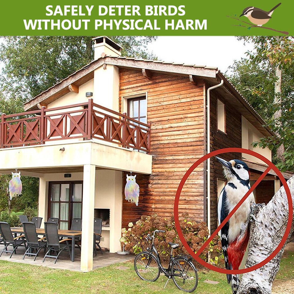 2 Pack Owl Decoy Scare, Hanging Reflective Fake Owl Woodpecker Bird Deterrent Control Device for Home & Garden
