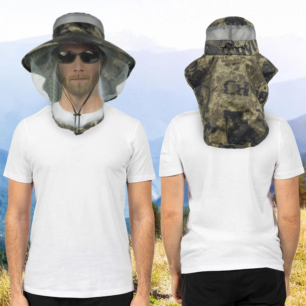Wide Brim Mosquito Head Net Sun Hat with Neck Flap for Fishing Hiking Men Women