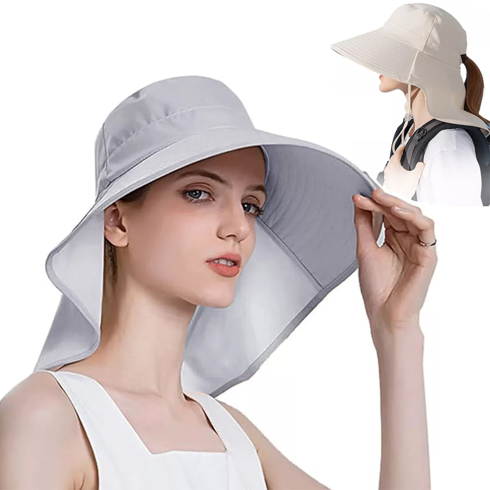 Women Sun Hat Summer Wide Brim Neck Flap Ponytail Hole UV Protection