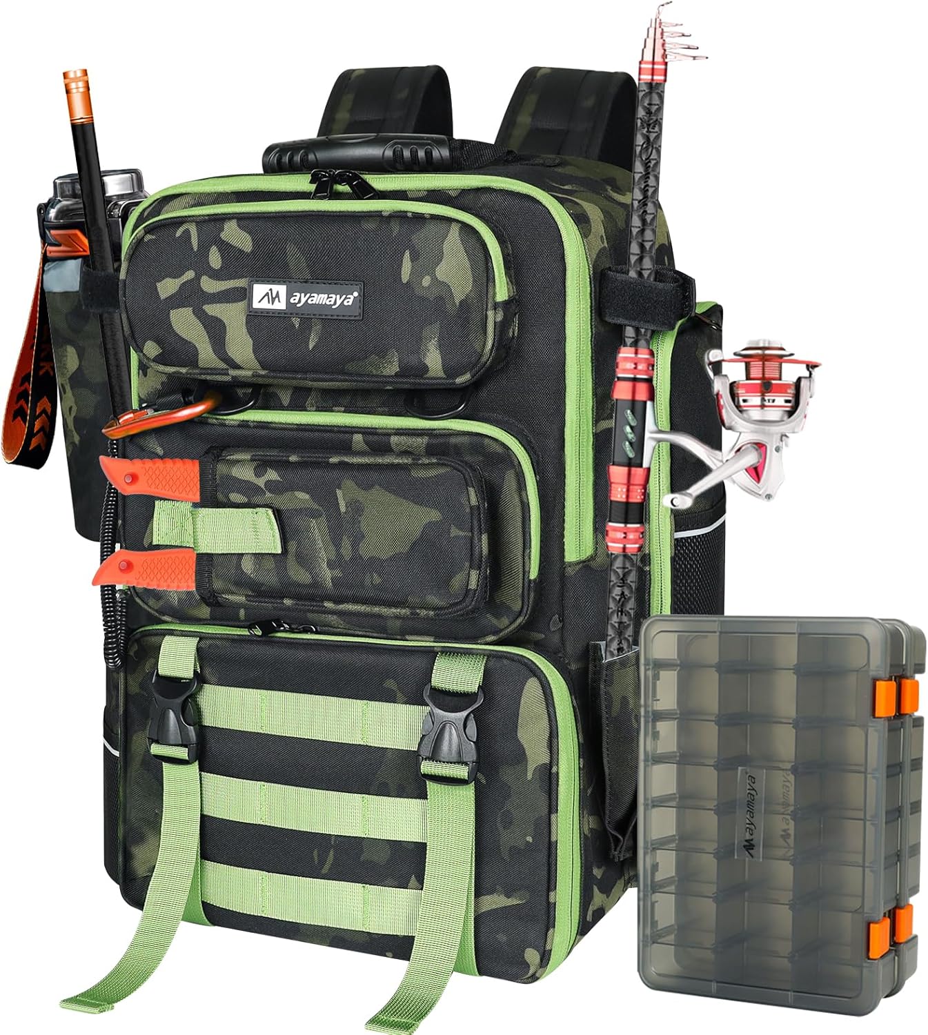 Fishing Backpack, 40L Tackle Backpack with Rod Holders & 2 Tackle Trays