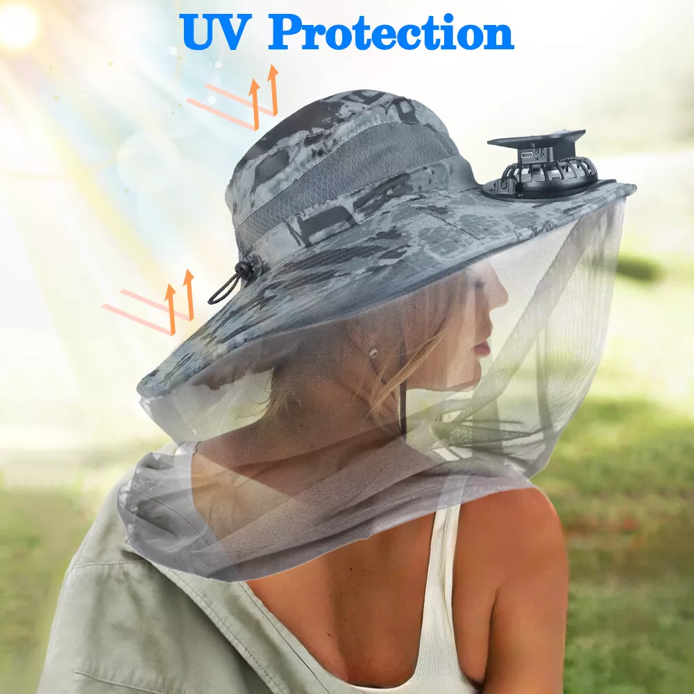 Wide Brim Solar Fan Outdoor Fishing Hat With 2 Solar Fan Mosquito Head Face Net