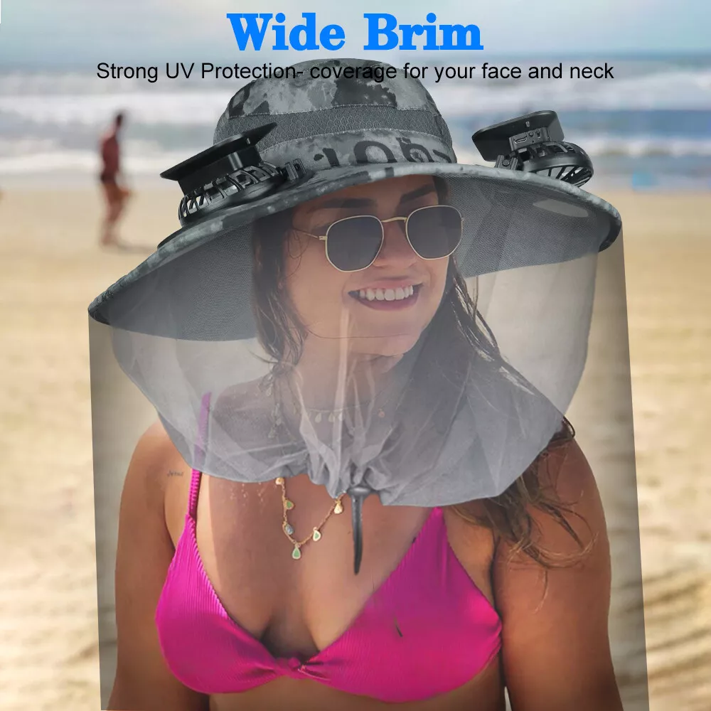 Wide Brim Solar Fan Outdoor Fishing Hat With 2 Solar Fan Mosquito Head Face Net