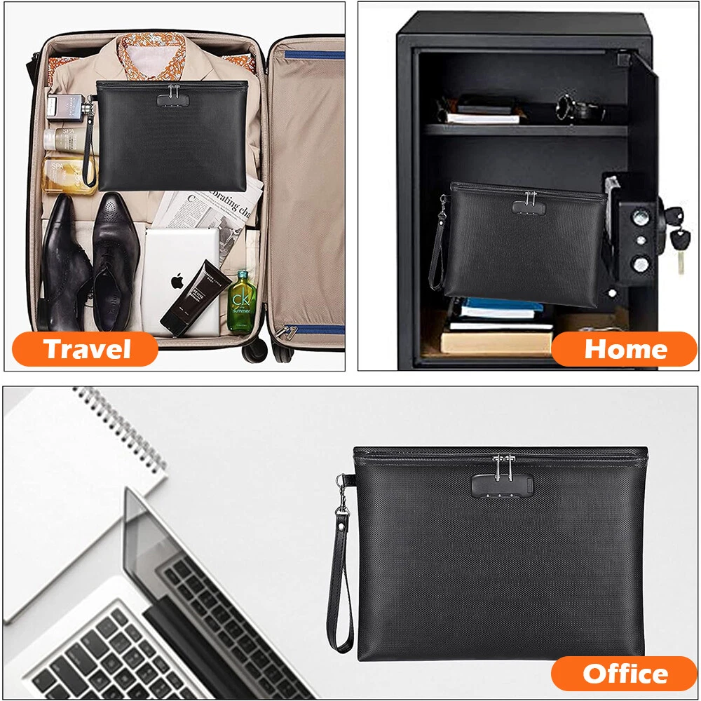 14" x 10" Fireproof Document Bag with Zipper & Lock, Waterproof Fire Safe Pouch for Cash, Passport, A4 Files