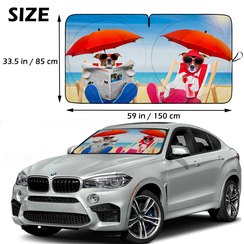 Foldable Car Sun Shade with Dog Printing, Windshield Sunshade, UV Ray & Heat Reduction