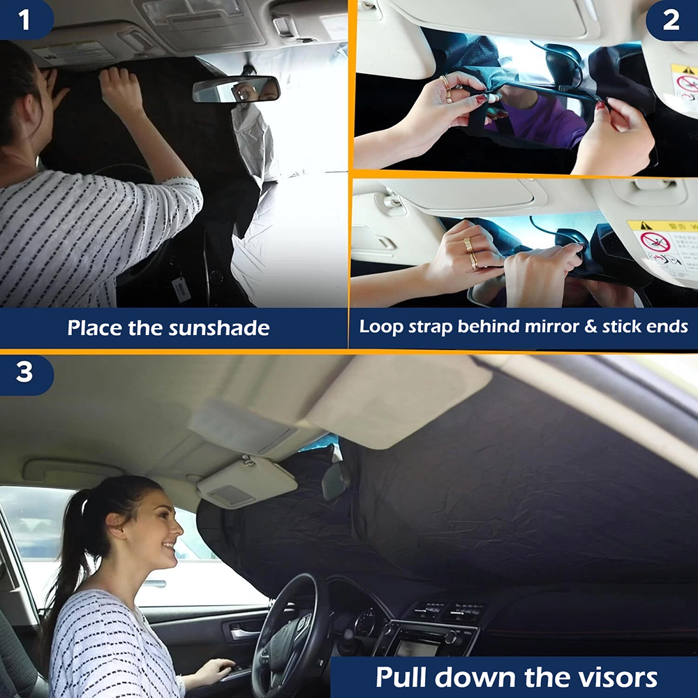 Foldable Car Windshield Sun Shade with Rearview Mirror Opening, Blocks UV Rays & Heat