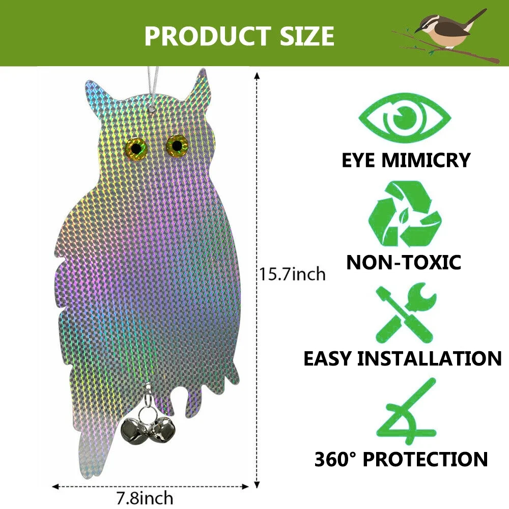 2 Pack Owl Decoy Scare, Hanging Reflective Fake Owl Woodpecker Bird Deterrent Control Device for Home & Garden