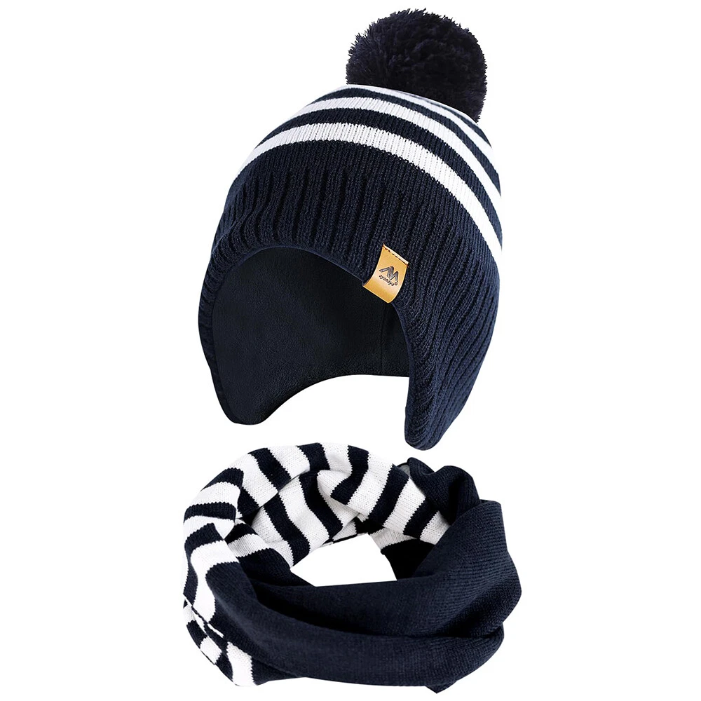 Kids Winter Knitted Hat Warm With Ear Flap Beanie Scarf Set Boys Girls Fleece