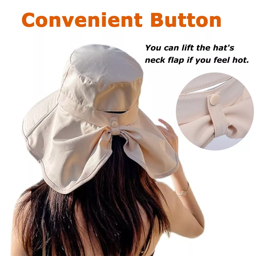Women Sun Hat Summer Wide Brim Neck Flap Ponytail Hole UV Protection