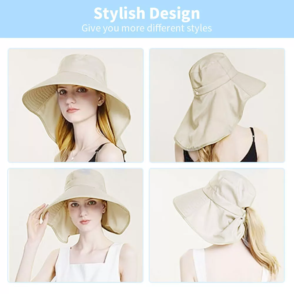 Women Sun Hat Summer Wide Brim Neck Flap Ponytail Hole UV Protection