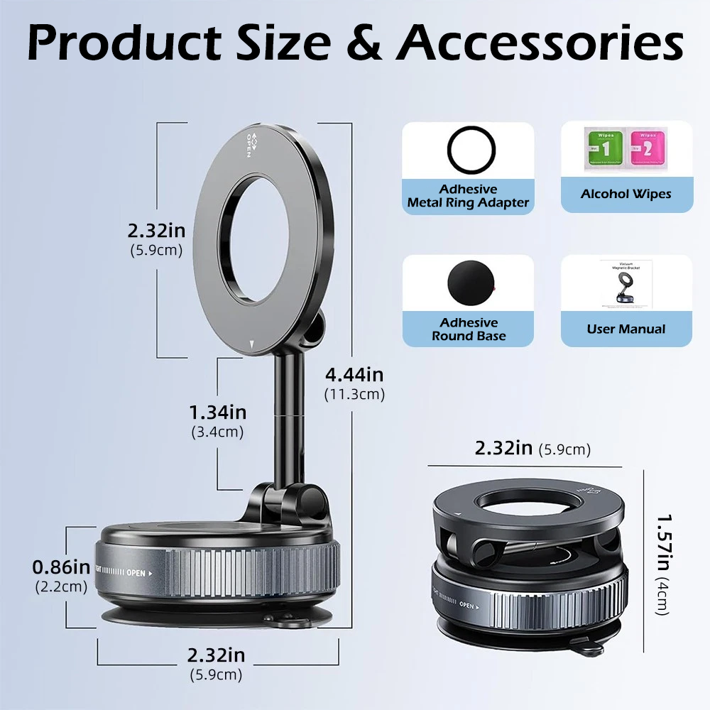 360° Adjustable Car Phone Holder, Magnetic Vacuum Suction Cup Mount, Foldable Stand for iPhone Android