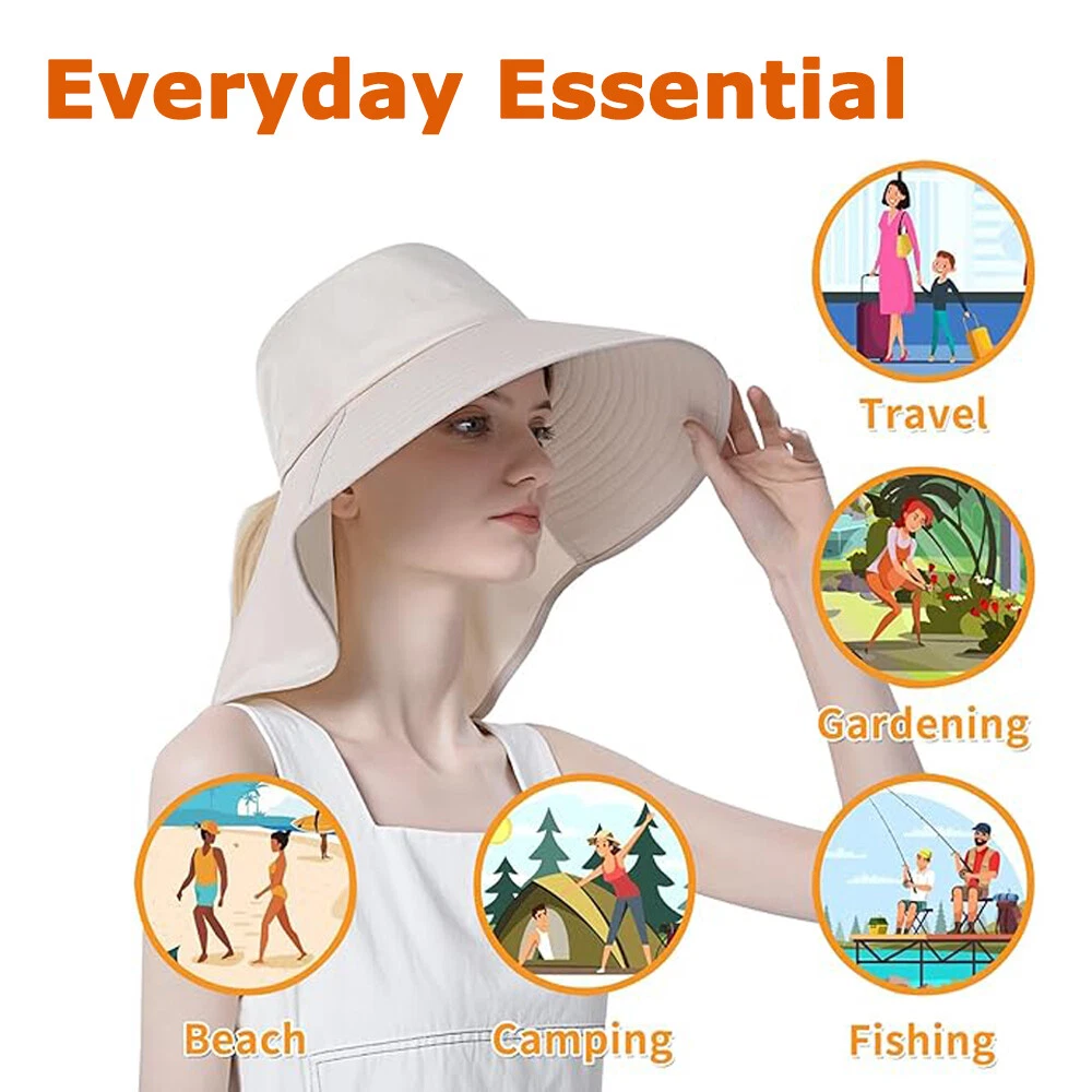 Women Sun Hat Summer Wide Brim Neck Flap Ponytail Hole UV Protection