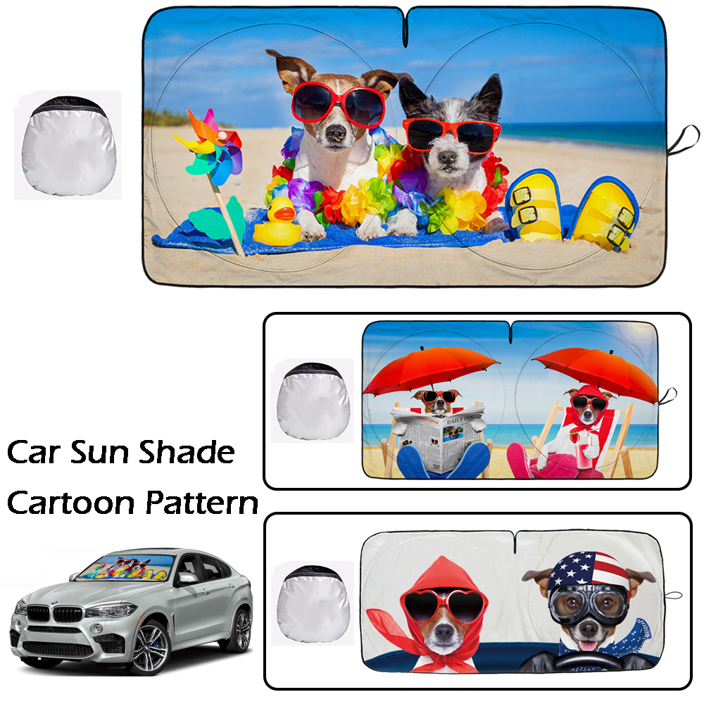 Foldable Car Sun Shade with Dog Printing, Windshield Sunshade, UV Ray & Heat Reduction