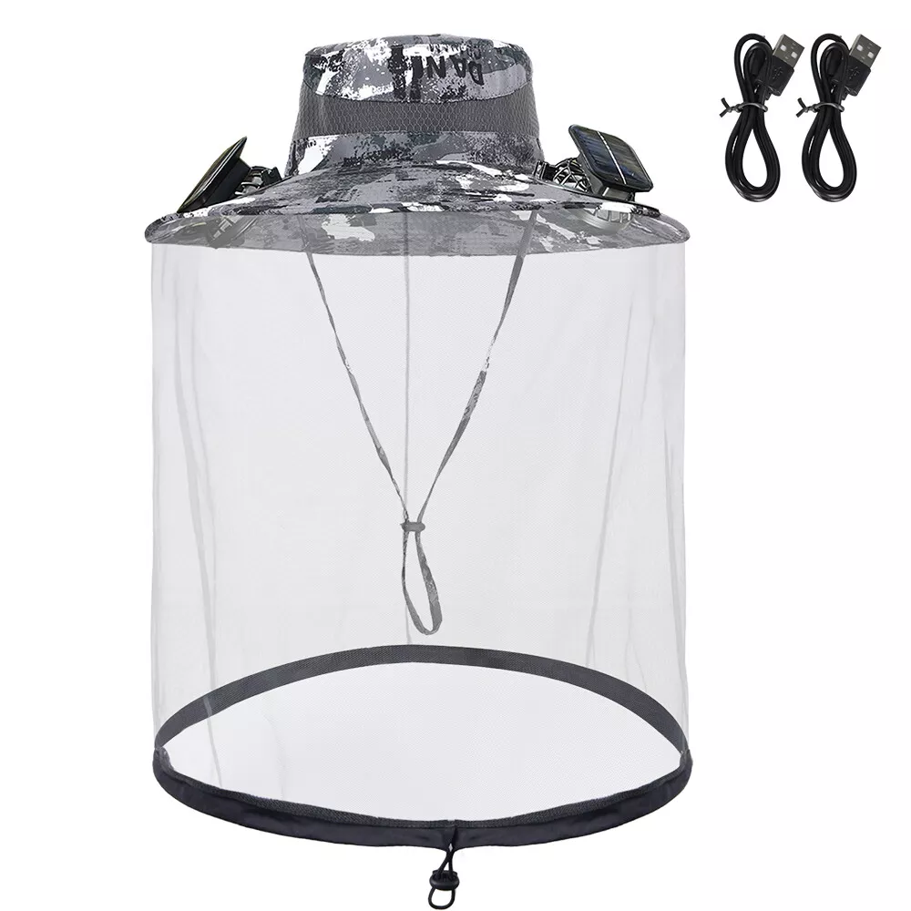 Wide Brim Solar Fan Outdoor Fishing Hat With 2 Solar Fan Mosquito Head Face Net