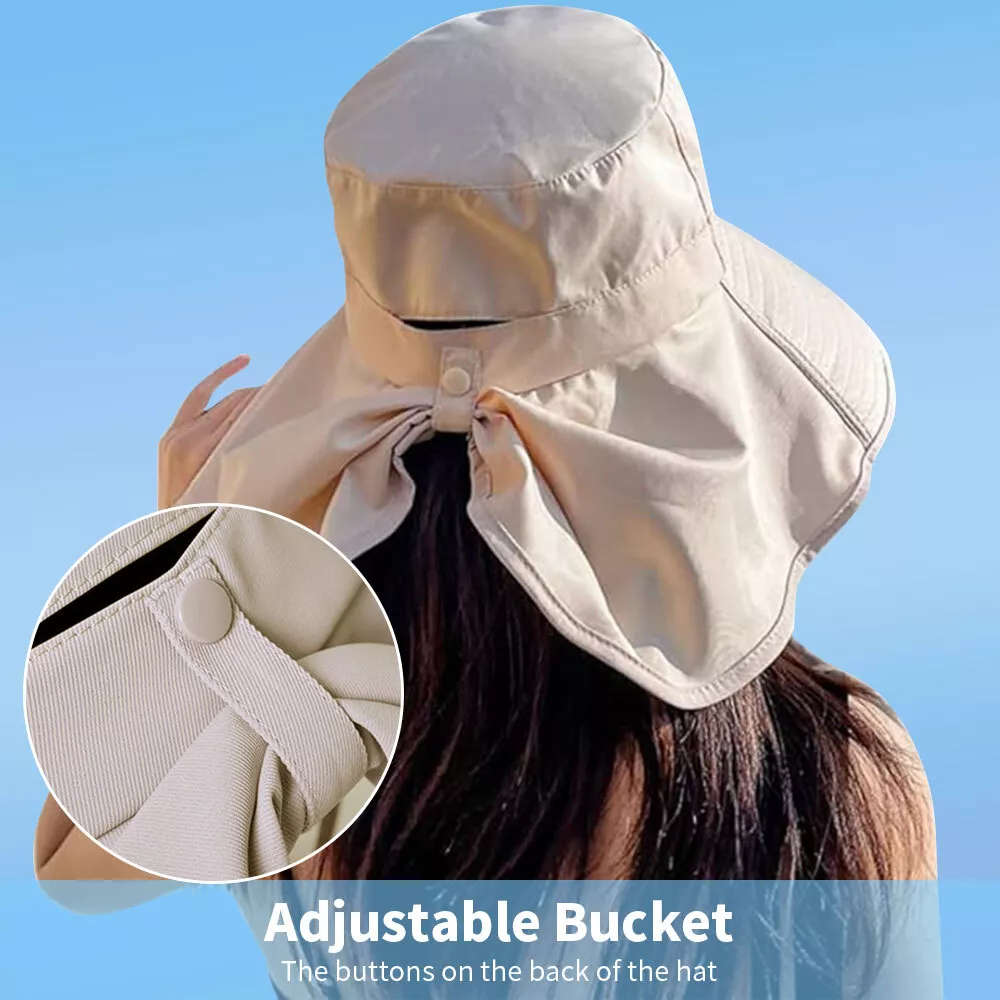 Women Sun Hat Summer Wide Brim Neck Flap Ponytail Hole UV Protection