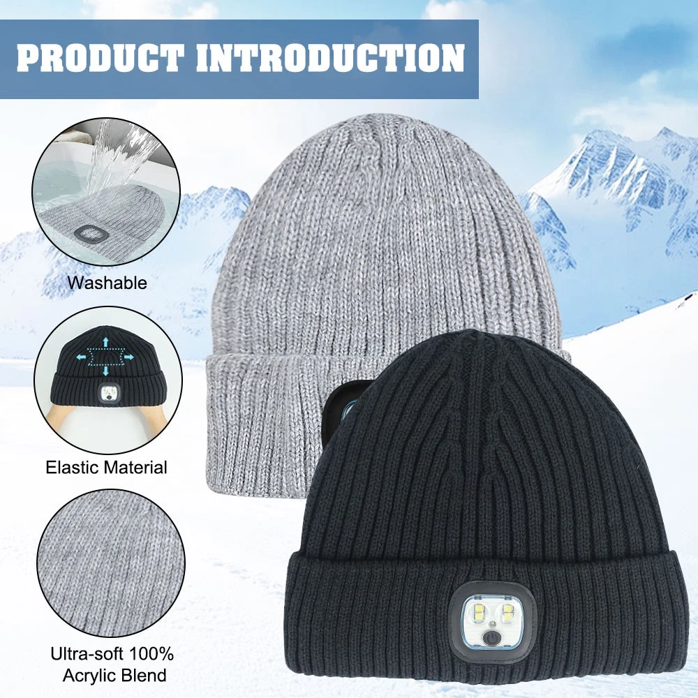 Warm Winter Knit Beanie Hat with LED Light USB Rechargeable Headlamp Cap