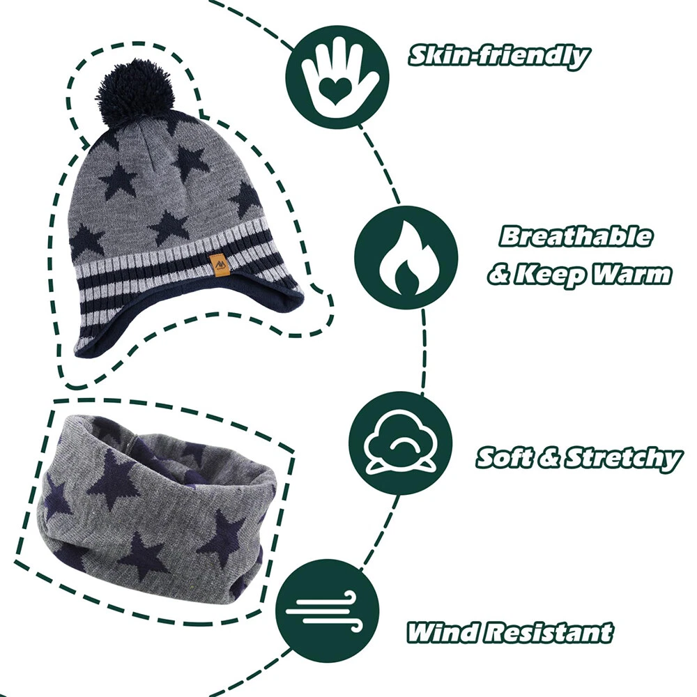 Kids Winter Knitted Hat Warm With Ear Flap Beanie Scarf Set Boys Girls Fleece