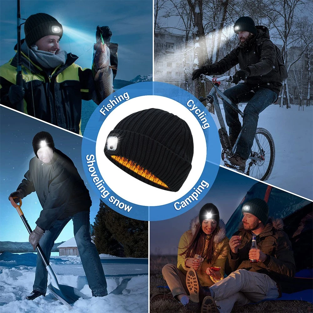 Warm Winter Knit Beanie Hat with LED Light USB Rechargeable Headlamp Cap
