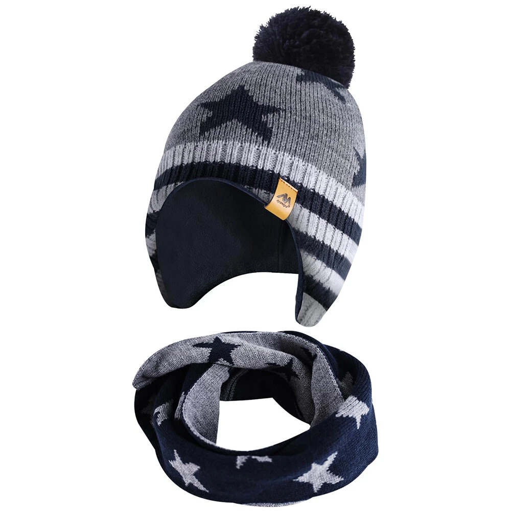 Kids Winter Knitted Hat Warm With Ear Flap Beanie Scarf Set Boys Girls Fleece