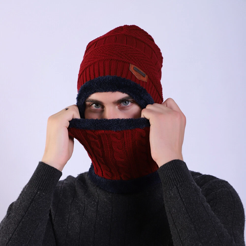 Winter Beanie Hat Knitted Bacaclava Snood Scarf Set Snow Ski Cap for Men Women