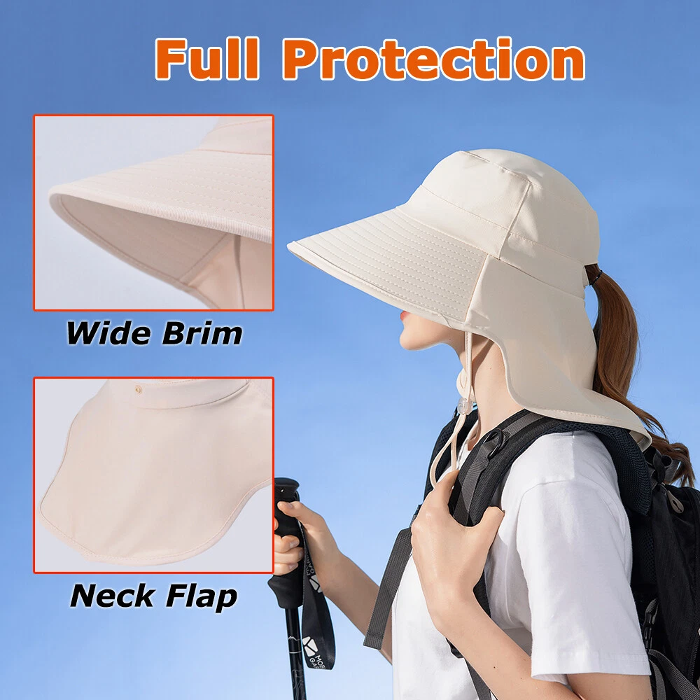 Women Sun Hat Summer Wide Brim Neck Flap Ponytail Hole UV Protection