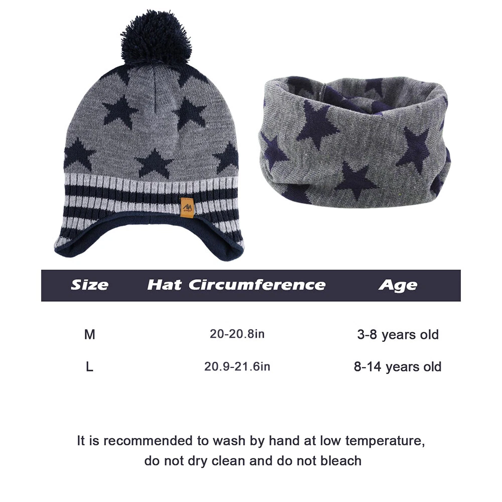 Kids Winter Knitted Hat Warm With Ear Flap Beanie Scarf Set Boys Girls Fleece
