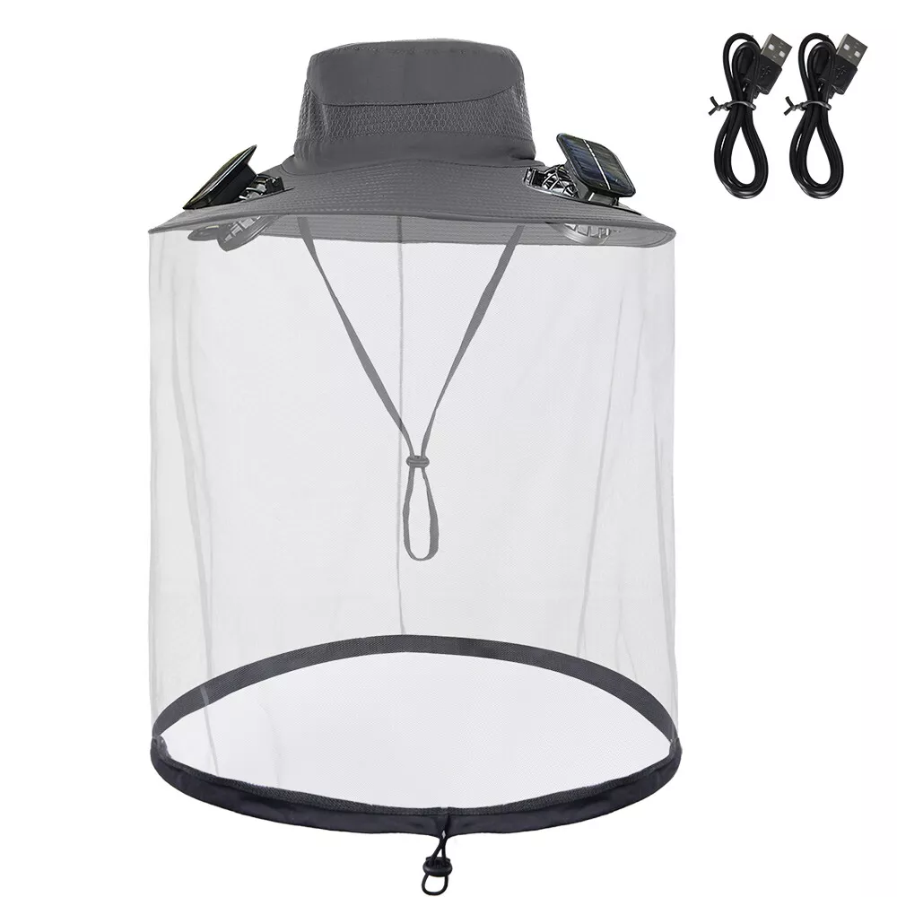 Wide Brim Solar Fan Outdoor Fishing Hat With 2 Solar Fan Mosquito Head Face Net