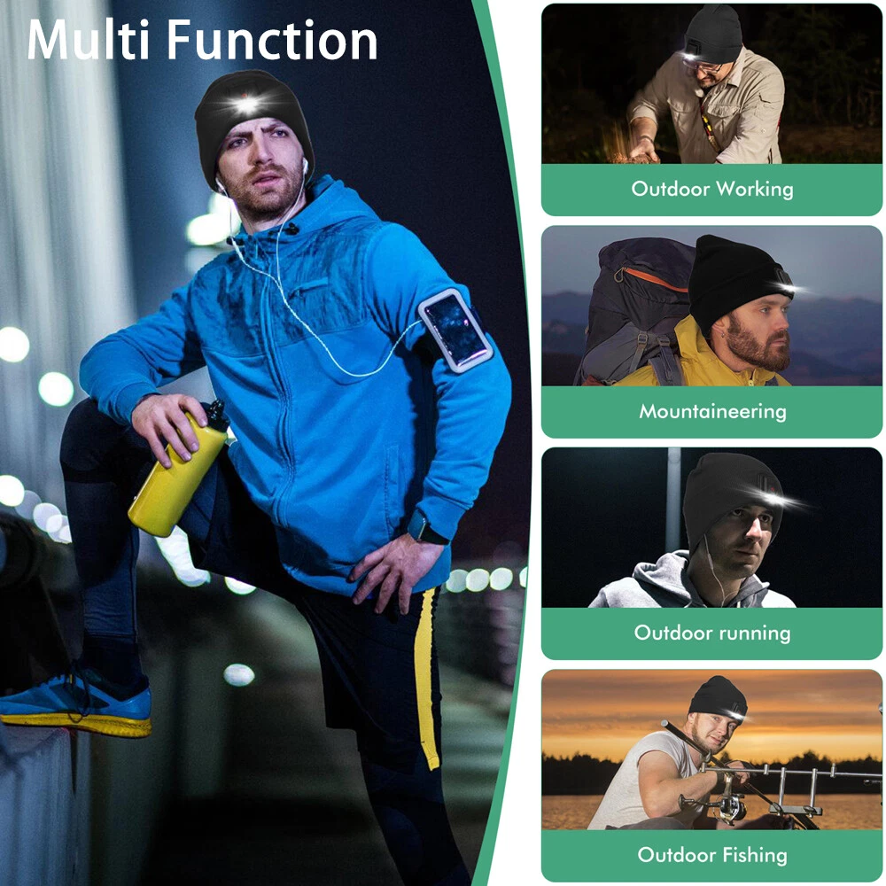 LED Beanie Hat with Rechargeable Headlamp Light Winter Warm Knit Unisex Cap Gift