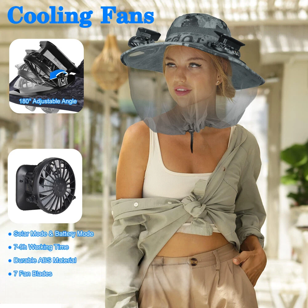 Wide Brim Solar Fan Outdoor Fishing Hat With 2 Solar Fan Mosquito Head Face Net