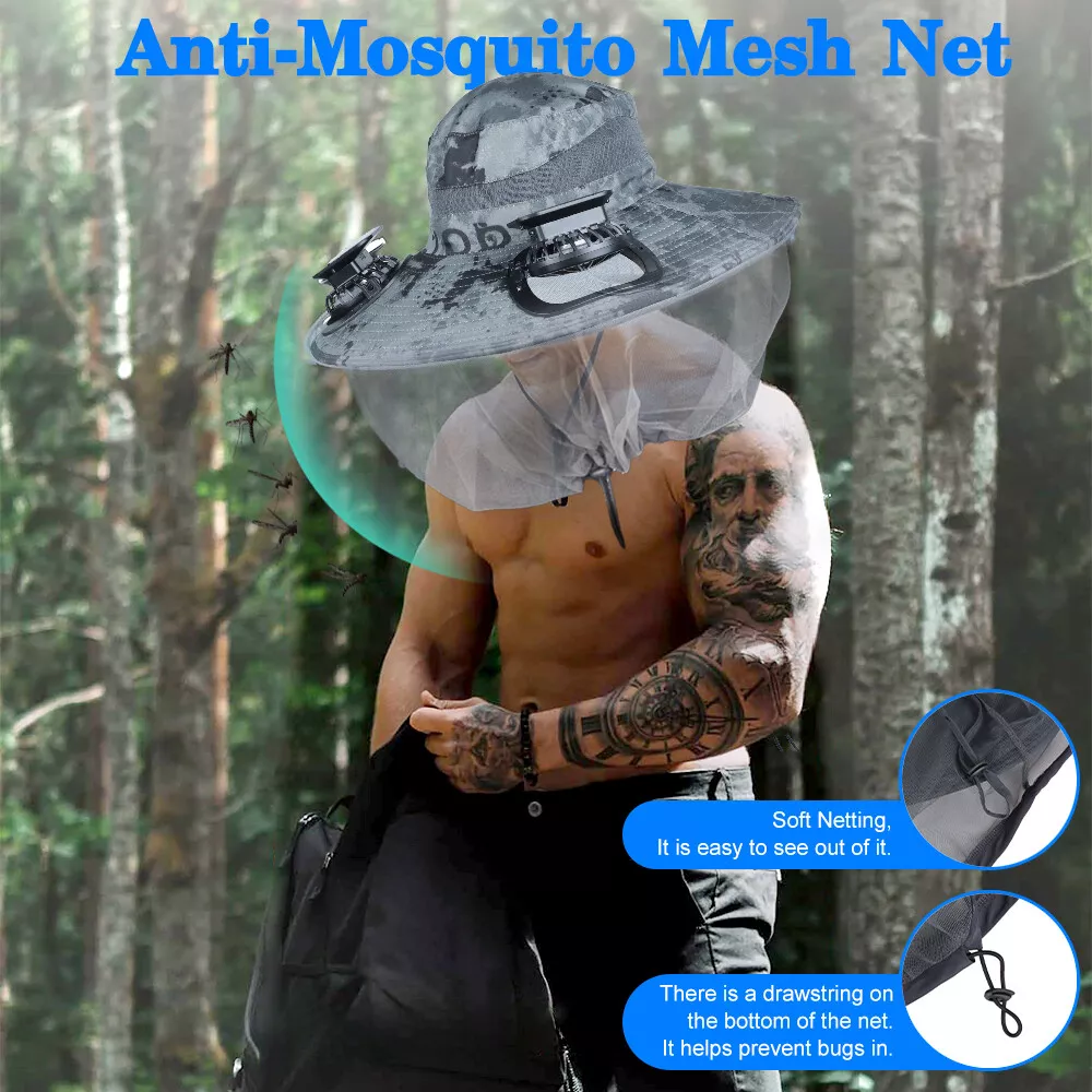 Wide Brim Solar Fan Outdoor Fishing Hat With 2 Solar Fan Mosquito Head Face Net