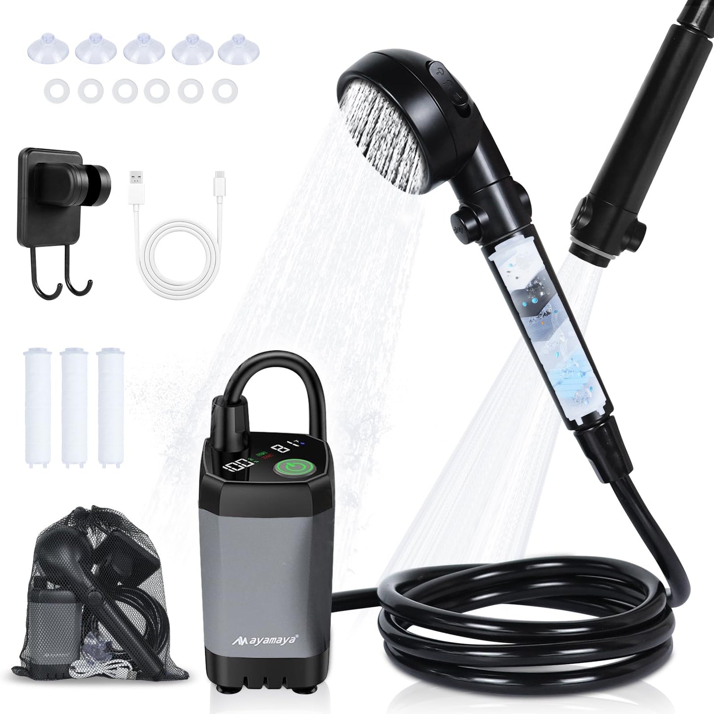 Portable Shower for Camping, 6000mAh Rechargeable Shower Pump with Filtered Shower Head