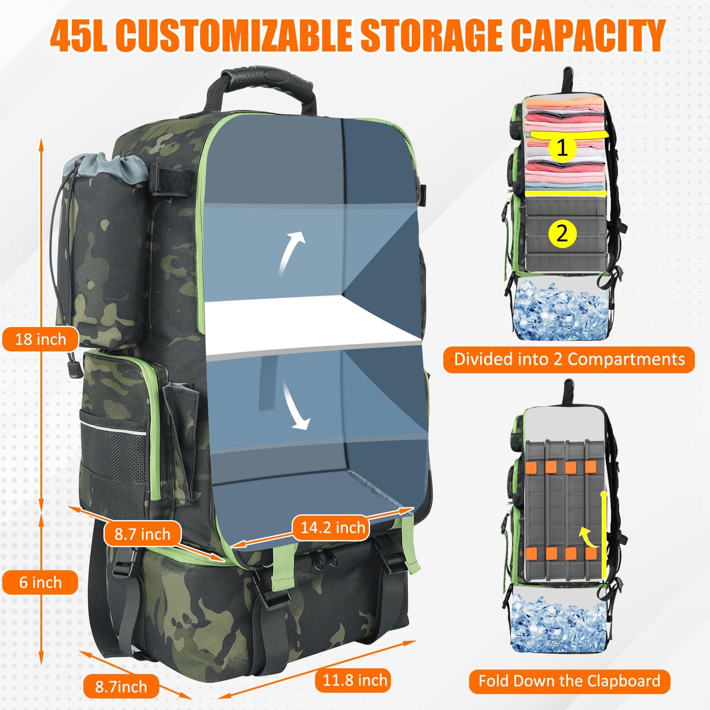 Fishing Backpack with Cooler, 45L Tackle Backpack with Rod Holders & Insulated Lunch Bag