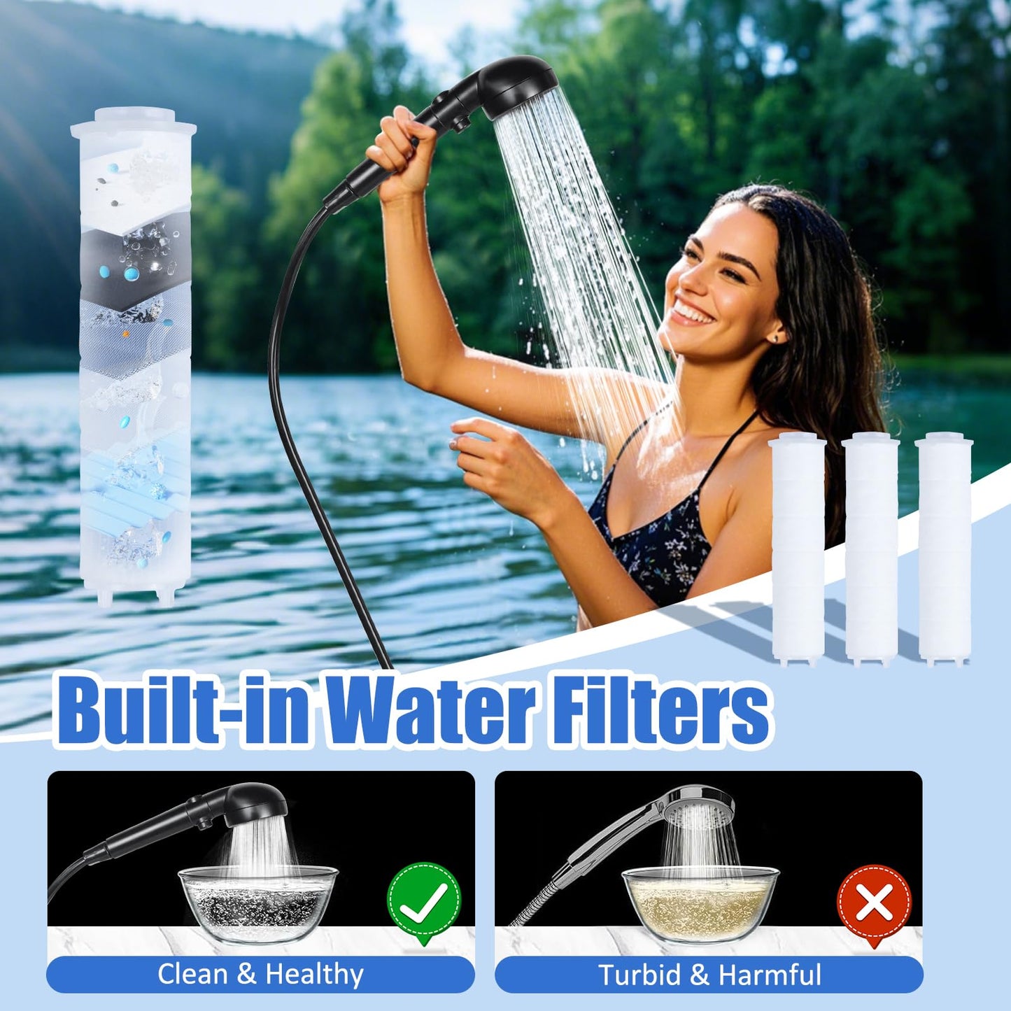Portable Shower for Camping, 6000mAh Rechargeable Shower Pump with Filtered Shower Head